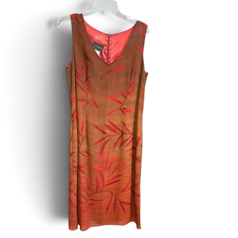 Louben Sheath Dress Womens 12 Brown Red Tropical Leaf Ombre Sleeveless Midi 90s